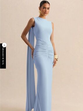 Sleek Light Blue Ruched Maxi Gown with Back Drape